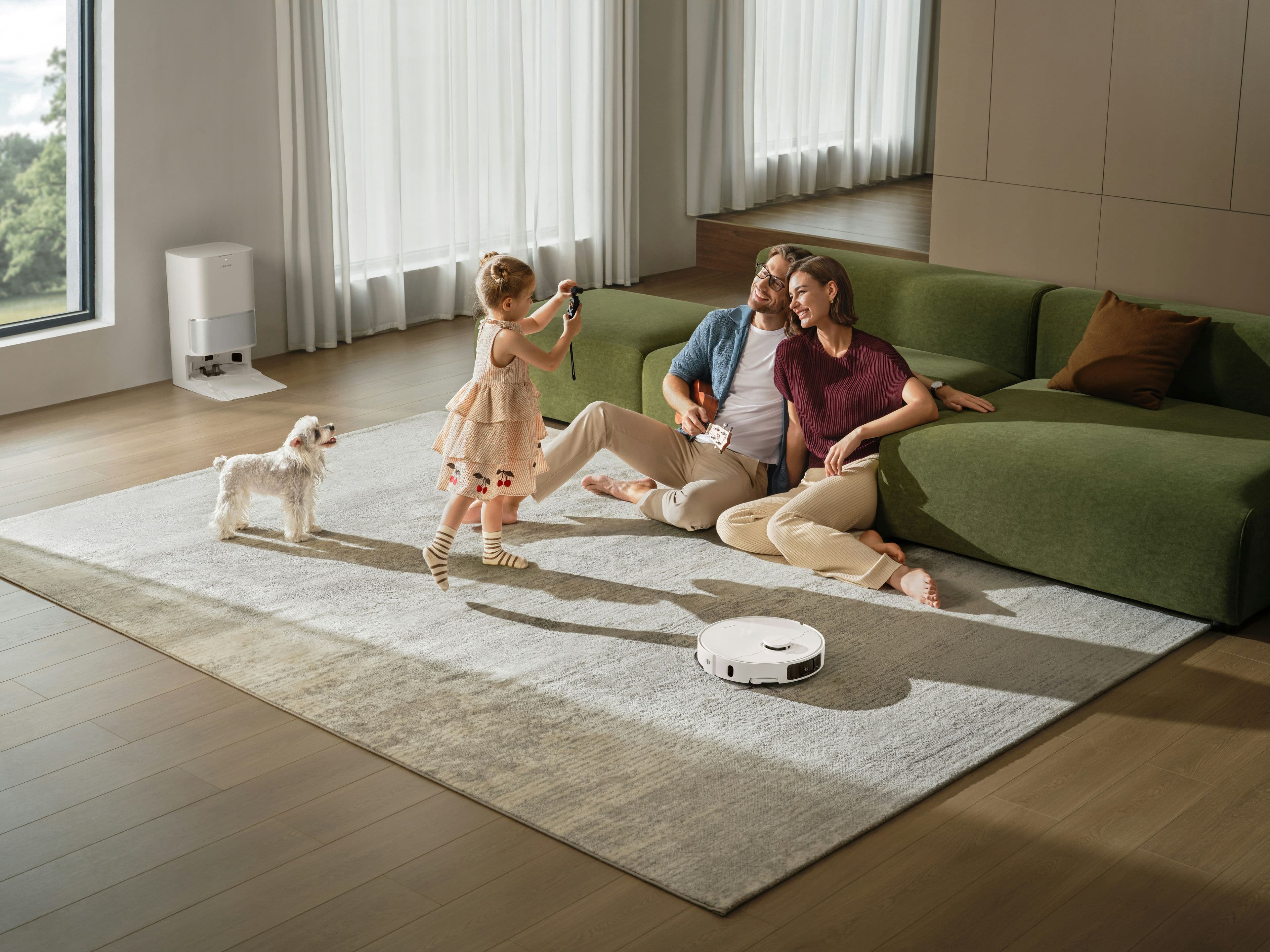 A robot vacuum cleaning a living room rug